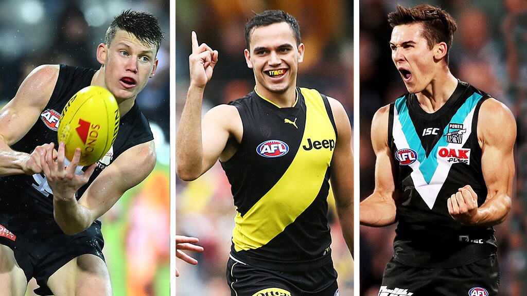 Rising-Stars-Contenders-2019.jpg Sam Walsh, Sydney Stack and Connor Rozee are all in the hunt for the Ron Evans Medal. All pictures: AFL Photos - AFL,Rising Star,All-Club Special,Sam Walsh,Carlton Blues,Connor Rozee,Port Adelaide Power,Bailey Smith,Western Bulldogs,Gryan Miers,Geelong Cats,Sydney Stack,Richmond Tigers
